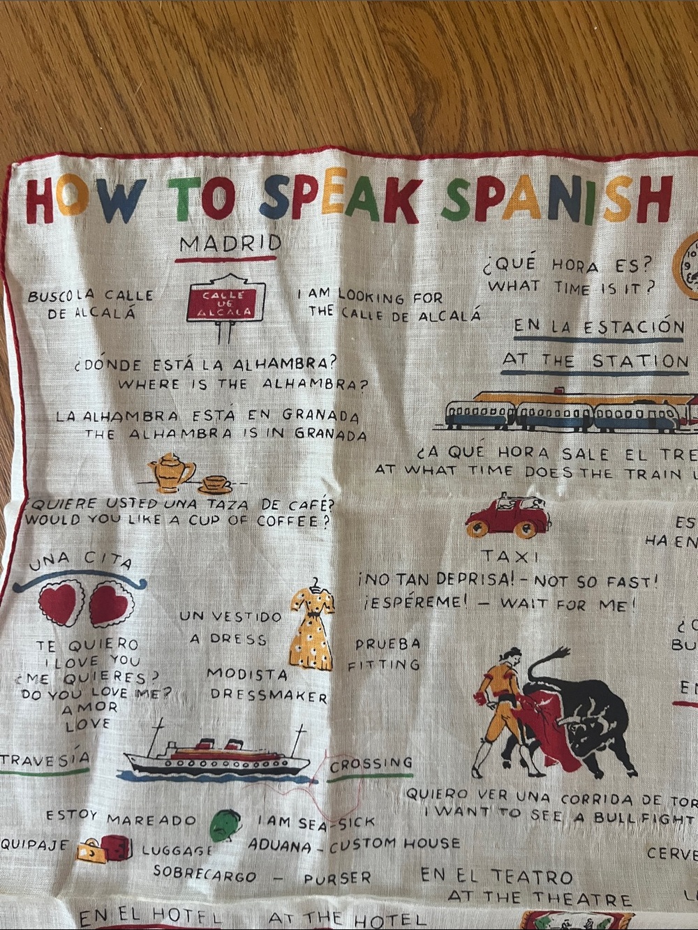 Vintage How to Speak Spanish 1940’s Silk Handkerchief by Franshaw 13” square - Picture 2 of 5